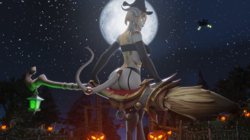 bra broom celne draenei feline halloween horns lightforged_draenei moon moonlight morilymory no_panties tail world_of_warcraft