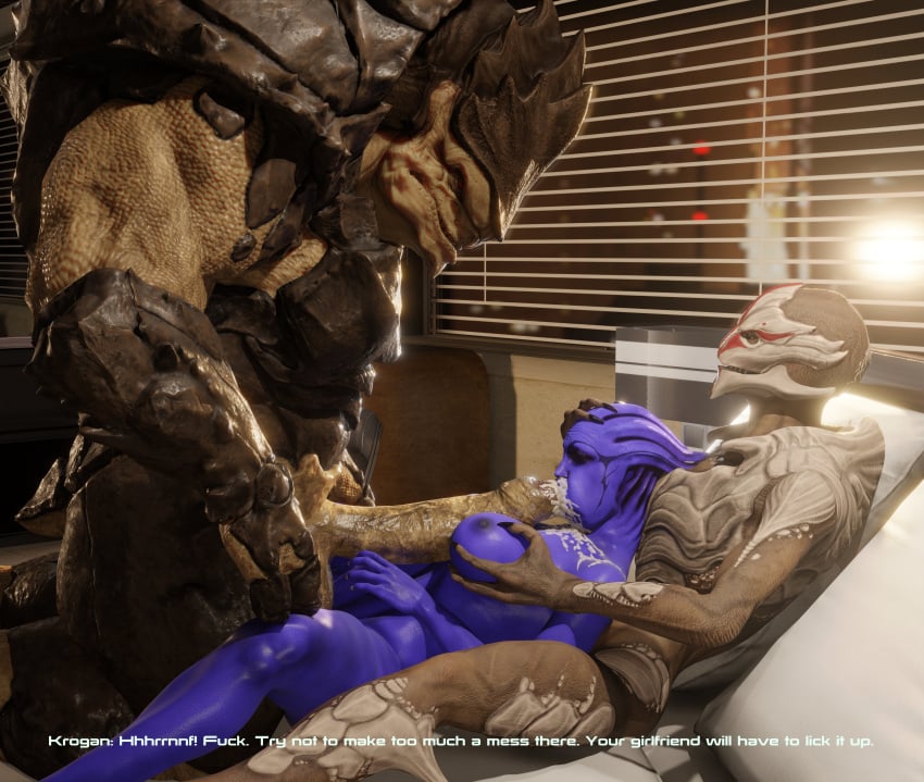 1boy 2girls 3d alien alien_girl aria_t'loak bisexual bisexual_(female) cheap-wazoo comic interspecies krogan mass_effect mff_threesome nyreen_kandros threesome