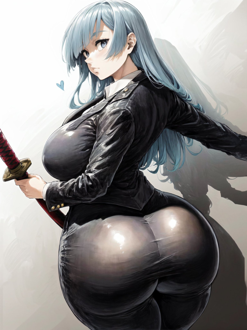 1girls 2d ai_generated ass back_view big_ass big_breasts breasts clothed clothed_female dat_ass female heart heavenly_ass hips holding_katana holding_weapon hpeq huge_ass jujutsu_kaisen jujutsu_tech_uniform kasumi_miwa katana long_hair looking_at_viewer looking_back looking_back_at_viewer sideboob silver_eyes silver_hair simple_background solo source standing suit thick_thighs thighs wide_hips