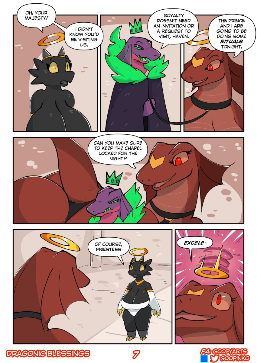 anthro anthro_only big_breasts breasts collar comic dragon goopyarts haven_(goopyarts) hi_res huge_breasts hyper hyper_breasts kobold leash lectora_(goopyarts) mythological_creature mythological_scalie mythology nude scalie