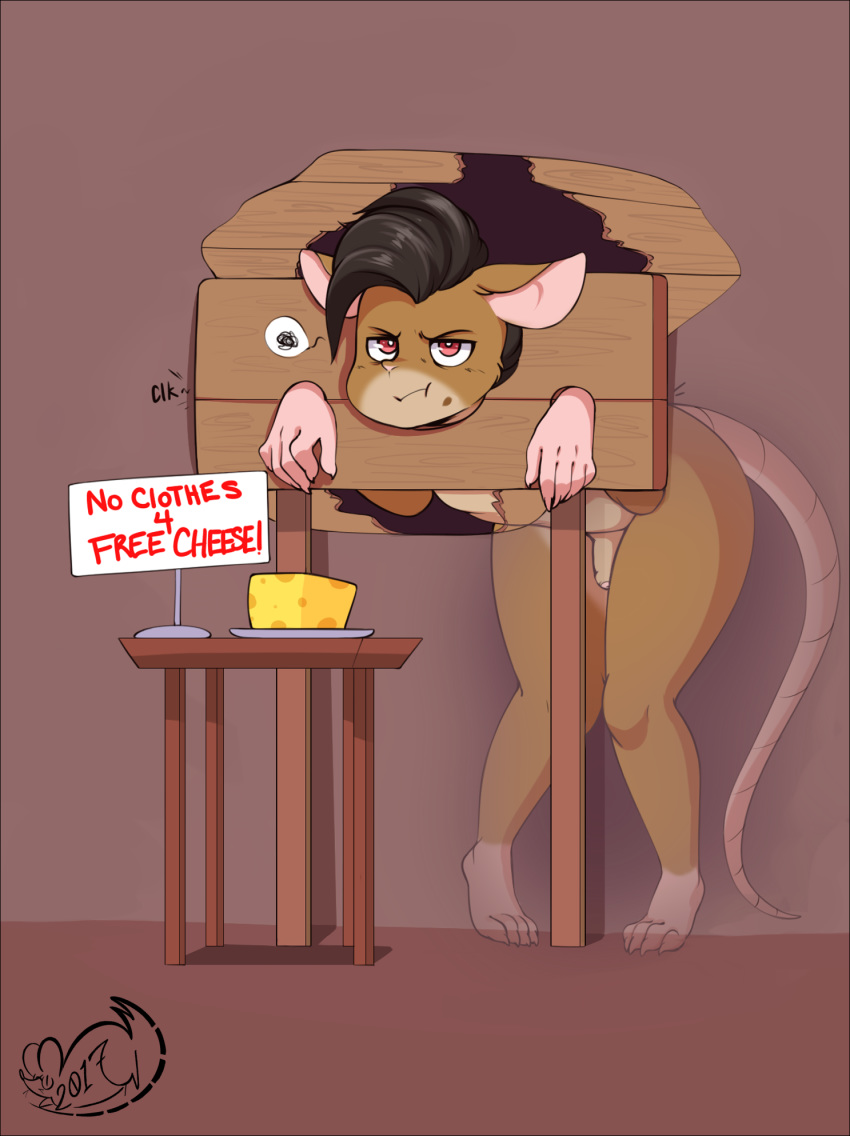 anthro black_hair brown_fur cheese digital_media_(artwork) english_text equine food fur hair horse kenny_(mouse_kenny) male mammal meganemausu mouse multicolored_fur nude penis rodent sign simple_background solo stocks table tan_fur text two_tone_fur