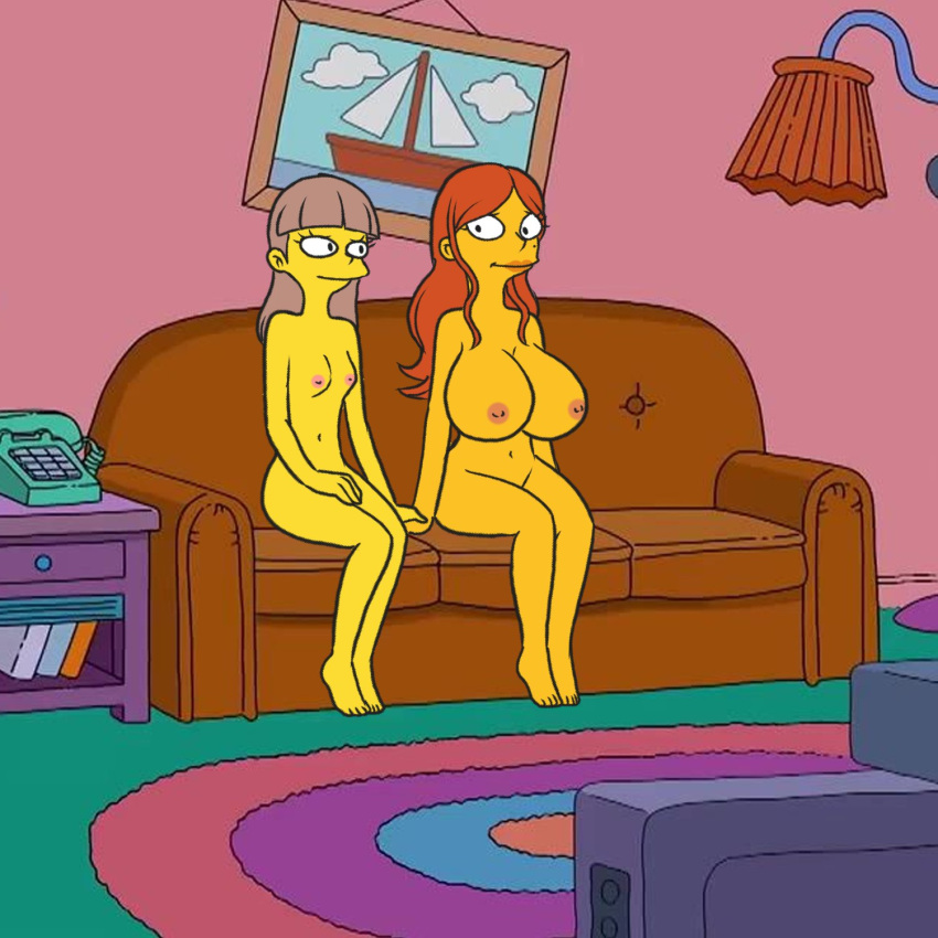 20th_century_fox 20th_century_studios artstyle_imitation barefoot belly_button breasts brown_hair clara_garcia completely_nude completely_nude_female couch couple female holding_hands huge_breasts joana_jimenez long_hair mole nairod103098 navel nipples nude nude_female sitting tagme the_simpsons