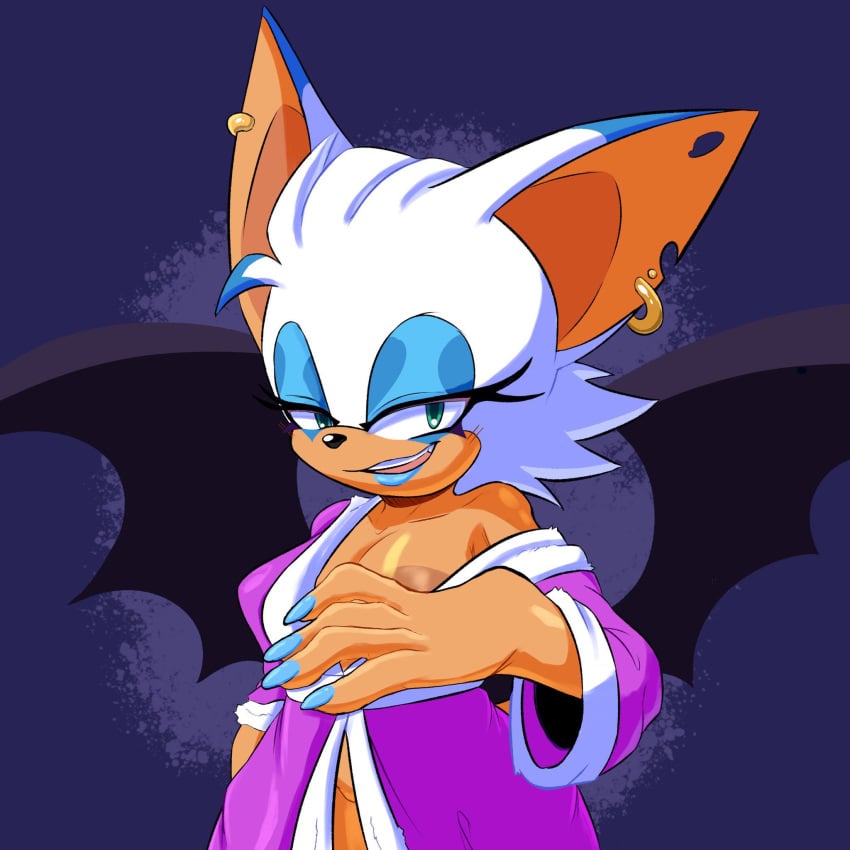 1girls bathrobe big_hands earrings female hi_res null_abyss rouge_the_bat solo sonic_(series) sonic_the_hedgehog_(series) wings