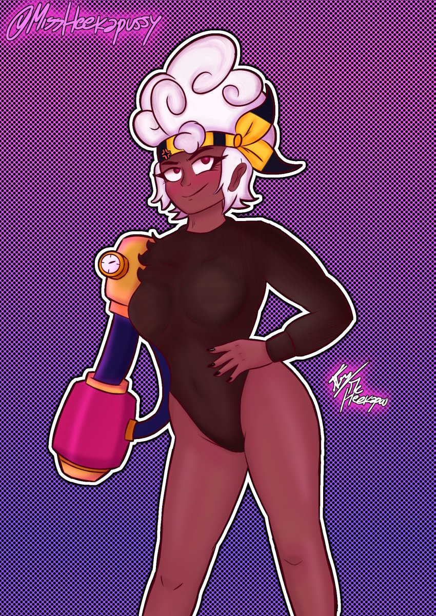 big_breasts big_thighs black_suit brawl_stars bunnysuit dark-skinned_female female maisie_(brawl_stars) missheekapussy solo tagme tagme_(artist) tommykitten white_hair