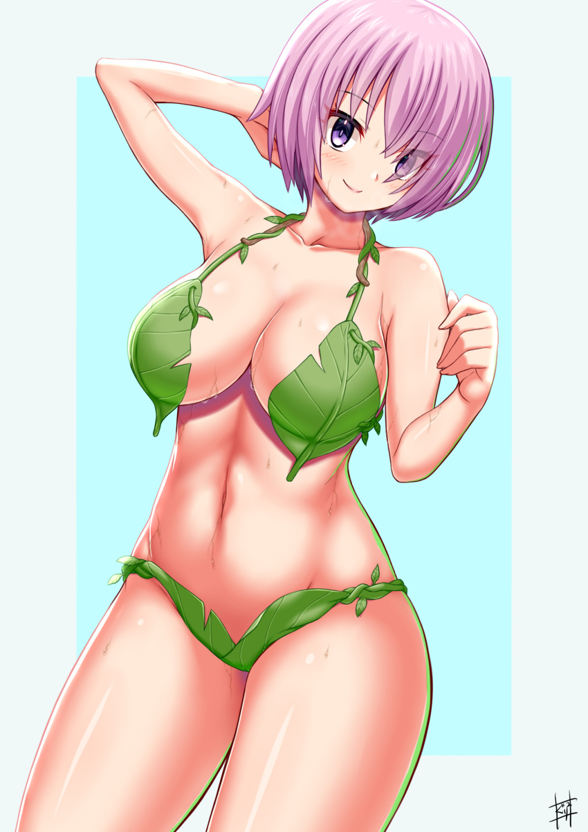 eye_visible_through_hair eyes_visible_through_hair fate/grand_order fate_(series) green_bikini green_swimsuit green_swimwear guriguri_(arayotto4351) hair_covering_eye hair_covering_one_eye hair_over_eye hair_over_one_eye hair_over_one_eyes leaf_bikini leaf_bra leaf_clothing leaf_on_breast mash_kyrielight purple_eyes purple_hair purple_hair_female short_hair short_hair_female smile smiling swimsuit swimwear