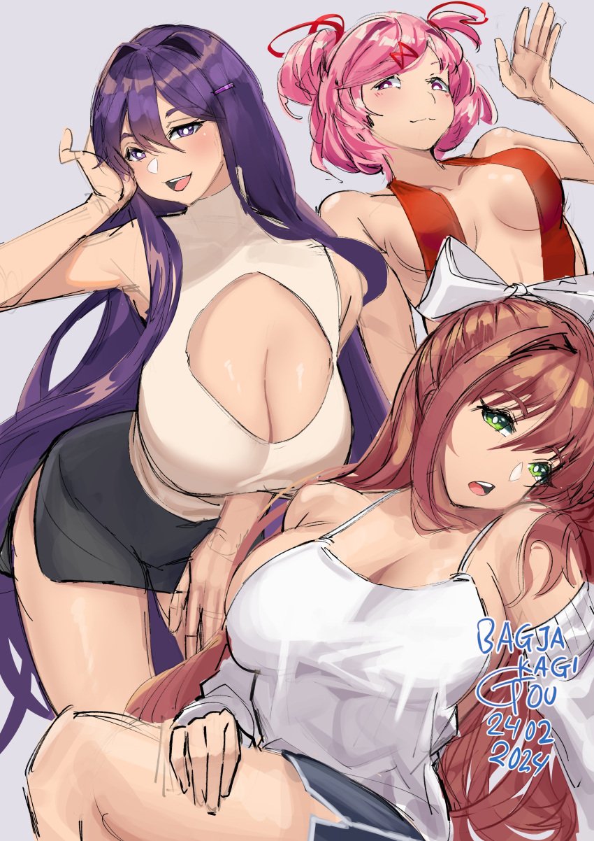 2024 3females 3girls 5_fingers bagjakagi_gou bagjaoppay bare_shoulders big_boobs big_breasts boobs breasts cleavage dated doki_doki_literature_club female female_only green_eyes human inner_sideboob long_hair long_hair_female long_haired_female matching_hair/eyes matching_hair_and_eye_color matching_hair_and_eyes monika_(doki_doki_literature_club) multiple_girls natsuki_(doki_doki_literature_club) pink_eyes pink_hair purple_eyes purple_hair yuri_(doki_doki_literature_club)