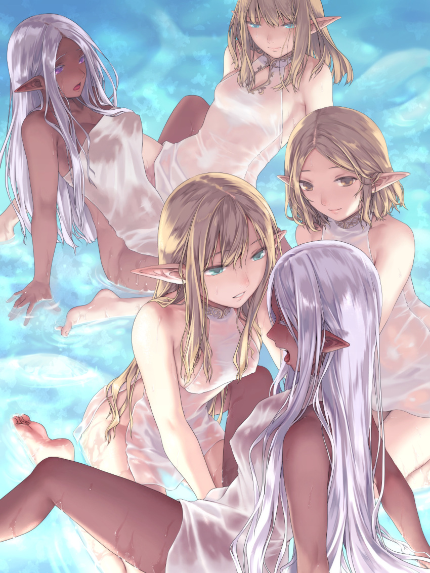 5girls aqua_eyes bare_arms barefoot blonde_hair blue_eyes breasts brown_hair closed_eyes closed_mouth commentary_request dark-skinned_female dark_skin elf feet fingering group_sex highres large_breasts long_hair looking_at_another medium_hair multiple_girls naked_towel one-piece_swimsuit open_mouth original partially_submerged pointy_ears purple_eyes purple_hair scissoring see-through small_breasts smile soles sweat swimsuit takekawa_shin toes towel tribadism water wet white_one-piece_swimsuit yuri