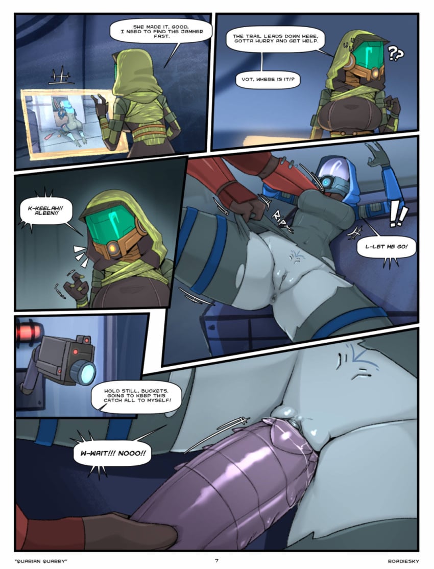 1boy 2girls alien alien_girl comic english_text entering explicitly_stated_nonconsent exposed_pussy femsub imminent_rape maledom mass_effect page_7 page_number pale_skin purple_penis quarian rape ripped_clothing roadiesky spikes_(anatomy) torn_clothes turian vaginal_penetration