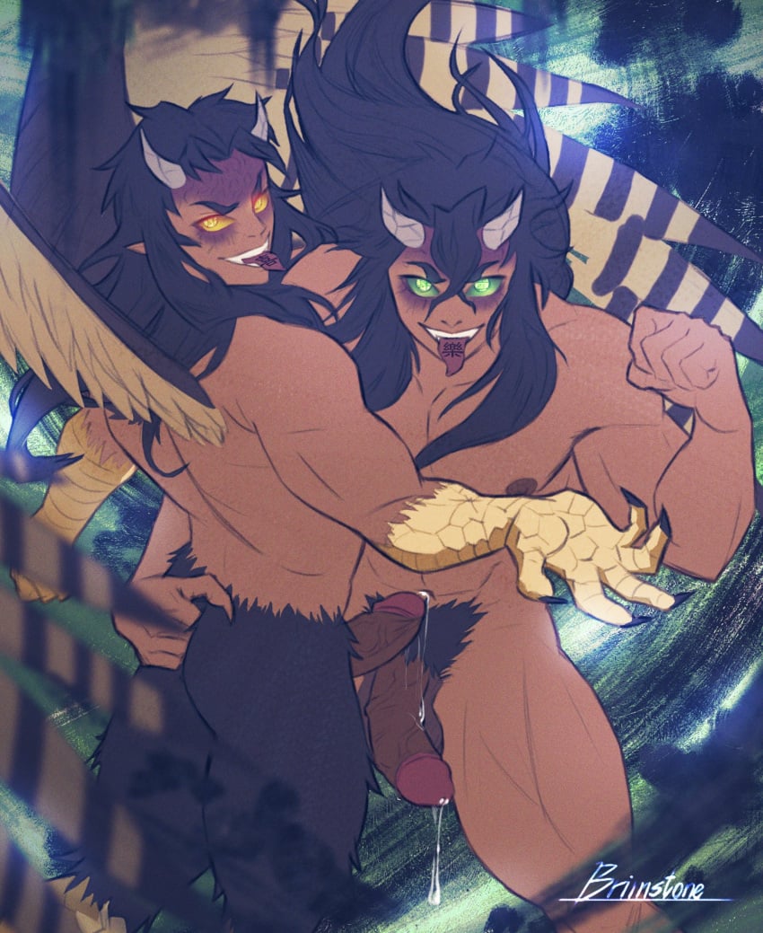 2boys avian avian_humanoid black_hair brimstone_(artist) brown_nipples brown_penis completely_nude dark_hair demon demon_slayer fingering fingering_ass fingers fingers_in_ass green_eyes green_sclera hantengu horny horny_male karaku kimetsu_no_yaiba long_hair long_hair_male looking_at_viewer male/male male_focus male_only monster monster_cock monster_penis muscular muscular_arms muscular_male muscular_thighs naked precum precum_drip precum_on_penis precum_string pubic_hair talons tan-skinned_male thick_penis tongue tongue_out unclothed unclothing urogi wings yellow_eyes yellow_sclera