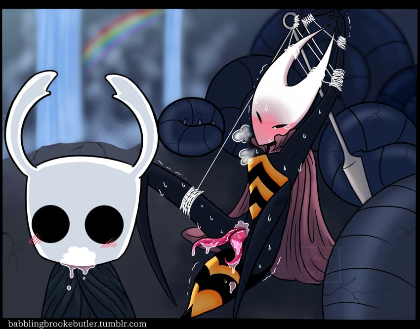 after_sex ambiguous_gender arms_up arthropod babblingbrookebutler blush bondage bound bound_arms bound_legs bound_wrists cape cloak detailed_background duo empty_eyes hollow_knight hornet hornet_(hollow_knight) incest insects protagonist_(hollow_knight) rainbow red_cape restrained siblings spread_legs sweat tied_up wasp waterfall