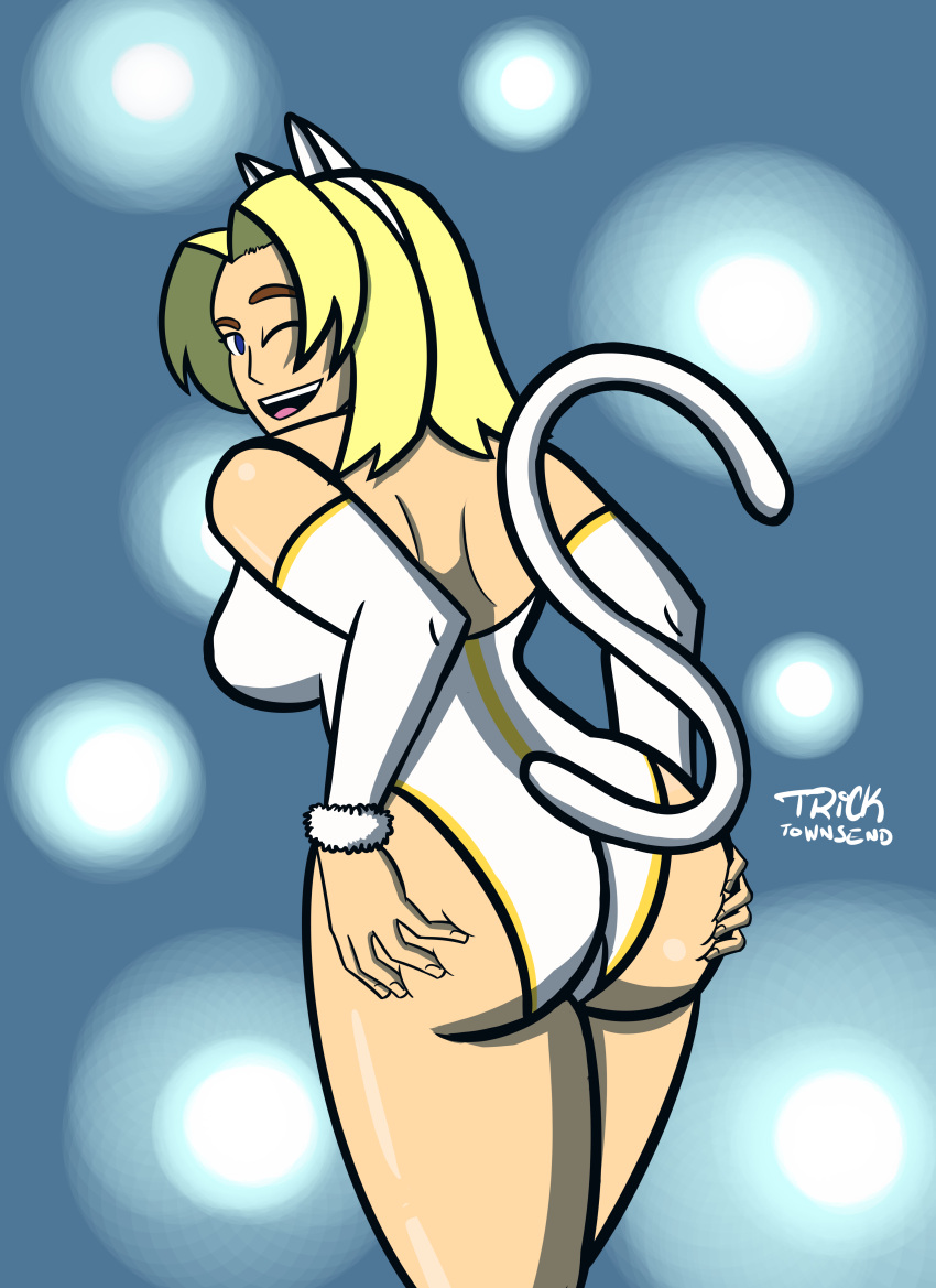 ass ass ass_focus blonde_female blonde_hair blue_eyes brown_eyebrows butt_grab buttcheeks cat_ears cat_smile cat_tail dead_or_alive dyed_hair fighting_game smile tina_armstrong tricktownsend(artist) video_game video_game_character video_game_franchise video_games white_cat