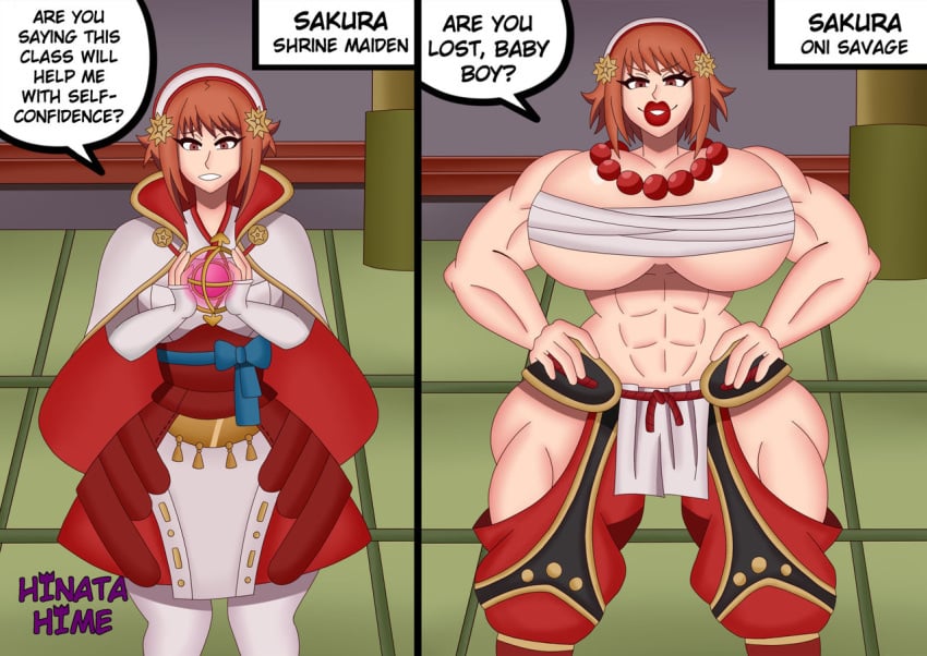 1girls abs alternate_costume bandaged_breasts bandaged_chest bare_shoulders before_and_after bimbo bimbo_lips bimbofication bimbofied breast_expansion cape clothed clothed_female clothing dress english english_text female female_only fire_emblem fire_emblem_fates gameplay_mechanics hands_on_hips hands_on_own_hips headband henglish_text hinata-hime huge_breasts light-skinned_female light_skin light_skinned_female lipstick medium_hair midriff muscle_growth muscular muscular_arms muscular_female muscular_legs muscular_thighs necklace nintendo pants personality_change red_eyes red_hair red_lips red_lipstick red_pants rinkah_(fire_emblem)_(cosplay) sakura_(fire_emblem) sarashi small_breasts solo speech_bubble stockings text text_box text_bubble thighhighs transformation underboob