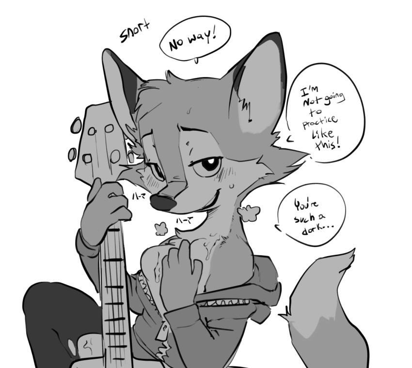 anthro blush breasts breath canine clothing cum cum_on_breasts darma dialogue electric_guitar english_text exposed_breasts female fox greyscale guitar half-closed_eyes hoodie humanoid looking_at_viewer mammal monochrome musical_instrument paperclip_(artist) rock_dog smile solo speech_bubble sweat talking_to_viewer text