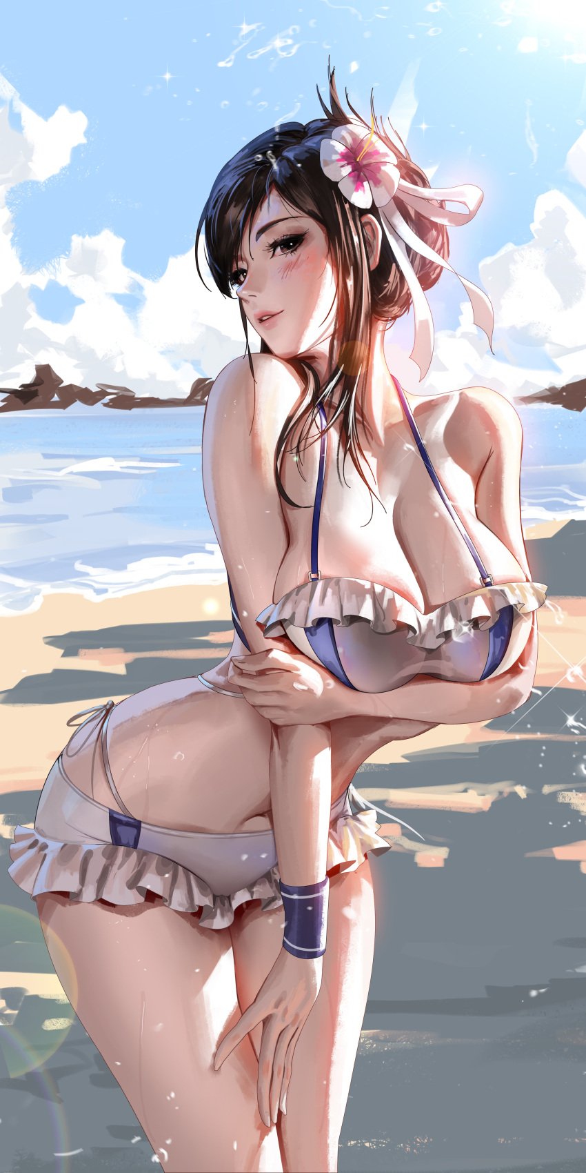 1girls 2d beach big_breasts blush breasts canon_costume cleavage clothing curvaceous digital_drawing_(artwork) female female_focus female_only final_fantasy final_fantasy_vii final_fantasy_vii_rebirth final_fantasy_vii_remake hips legs legs_together liang_xing light_skin looking_at_viewer midriff open_eyes skinny solo standing swimsuit thighs thin_waist tifa_lockhart wet