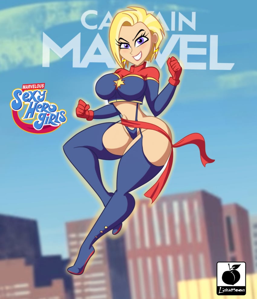 1girls ass avengers big_breasts big_butt blonde_hair bottom_heavy breasts bubble_butt captain_marvel carol_danvers dc_super_hero_girls fanart female female_only female_superhero linkartoon looking_at_viewer marvel marvel_comics marvelous_sexy_hero_girls parody pawg purple_eyes sash short_hair solo string_panties superhero superheroine thick_ass thick_thighs thigh_boots thighhigh_boots thighhighs thighs voluptuous wide_hips