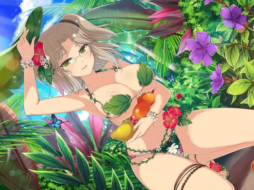 brown_hair brown_hair_female clothing_cutout flower flower_in_hair flower_on_head flower_ornament glasses green_bikini green_eyes green_swimsuit green_swimwear hair_ornament head_flower head_ornament imu_(senran_kagura) jungle leaf_bikini leaf_bra leaf_clothing leaf_on_breast light_brown_hair nature parted_bangs pectoral_cleavage pectorals red_flower senran_kagura senran_kagura_(series) short_twintails swimsuit swimwear tropical twintails yaegashi_nan