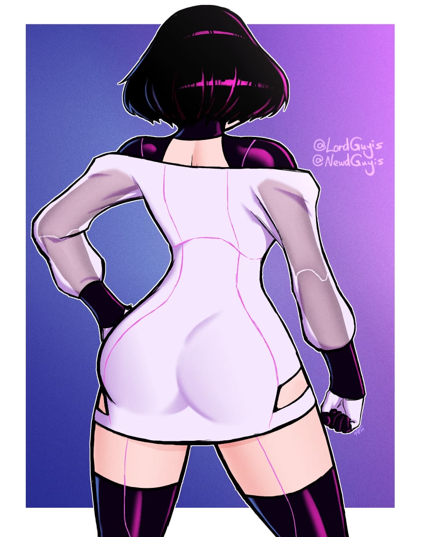 1girls alternate_costume alternate_version_available ass ass_focus big_ass black_hair bob_cut commission cyberpunk:_edgerunners cyberpunk_(series) cyberpunk_2077 dress looking_away lordguyis rear_view sasha_yakovleva solo solo_female text thighhighs tight_clothing