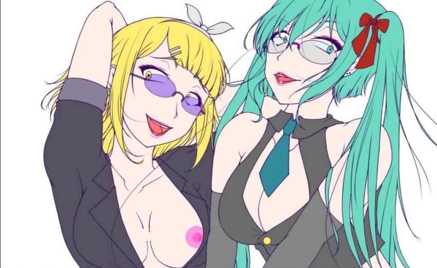 2girls accurate_art_style aqua_eyes aqua_hair areolae arms_behind_head arms_up blossomtea blue-tinted_eyewear blue_eyebrows blue_eyes blue_hair blue_necktie bow_hairband breasts buttons cleavage club_kamikaze_(vocaloid) collarbone earrings edit edited edited_image edited_official_artwork elbow_gloves ell182a_(masa_works_design) eyebrows eyebrows_visible_through_hair eyelashes eyelashes_visible_through_hair eyeshadow eyewear glasses gloves grey_gloves hair_ribbon hairband hairclip hatsune_miku headband ibispaintx kagamine_rin long_gloves long_hair looking_at_viewer looking_over_eyewear looking_over_sunglasses masa_works_design matching_hair/eyes medium_breasts multiple_girls mv_character nipples no_bra nude_edit nude_filter official_art official_artwork_edit open_mouth open_mouth_smile open_shirt partially_nude partially_nude_female pink_eyeshadow pink_nipples purple-tinted_eyewear red_hair_ribbon red_lips red_lipstick round_eyewear round_glasses sanpaku screencap screencap_edit screenshot screenshot_edit self_upload short_sleeved_shirt short_sleeves simple_background sleeveless sleeveless_shirt smile sunglasses teeth third-party_edit tinted_eyewear tinted_glasses tongue twintails upper_body upper_teeth upper_teeth_only vocaloid white_background white_hairclip yellow_eyebrows yellow_eyes yellow_hair