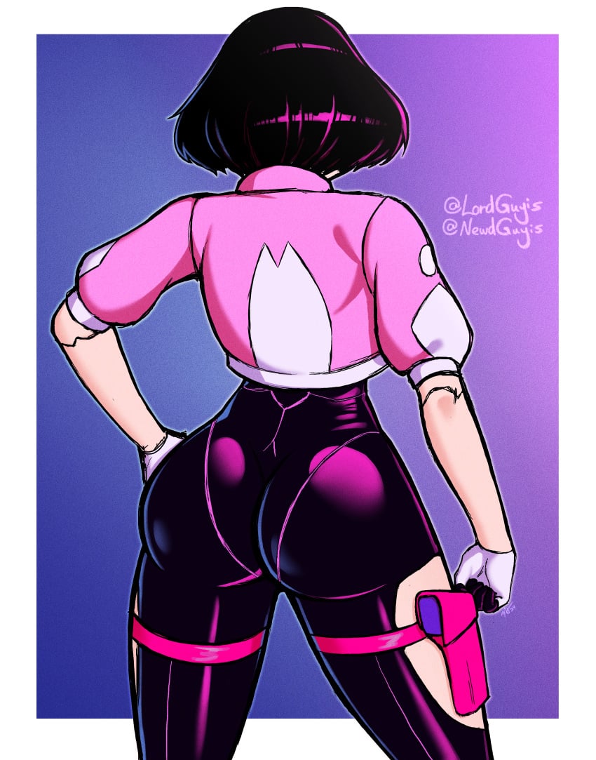 1girls alternate_version_available ass ass_focus big_ass black_hair bob_cut bodysuit commission cyberpunk:_edgerunners cyberpunk_(series) cyberpunk_2077 jacket looking_away lordguyis rear_view sasha_yakovleva solo solo_female text tight_clothing