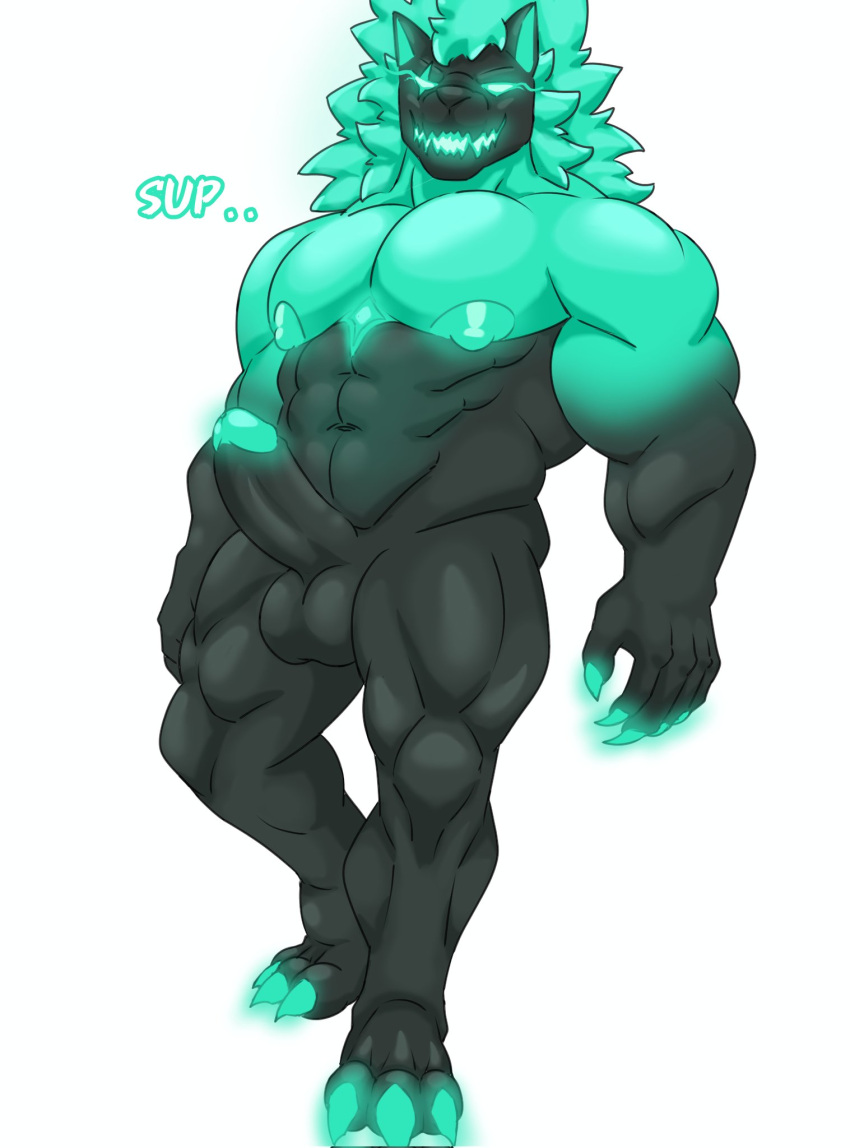 abs anthro arkyhorny barazoku biceps big_muscles big_penis black_body black_fur canid canine canis cerberus_(fortnite) epic_games fortnite fur genitals green_body green_eyes green_fur hi_res humanoid_genitalia humanoid_penis looking_at_viewer male mammal muscular muscular_anthro muscular_male nude_anthro nude_male pecs penis solo wolf