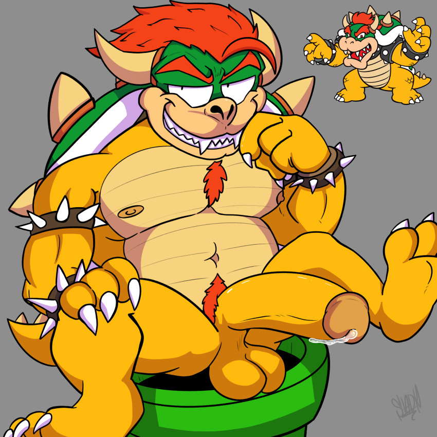 anthro balls big_balls big_penis bodily_fluids bowser dripping feet genital_fluids genitals hi_res koopa leaking_precum male male_only mario_(series) nintendo nipples penis precum precum_drip pubes reptile scalie shadydaone slightly_chubby solo solo_focus super_mario_bros. turtle warp_pipe