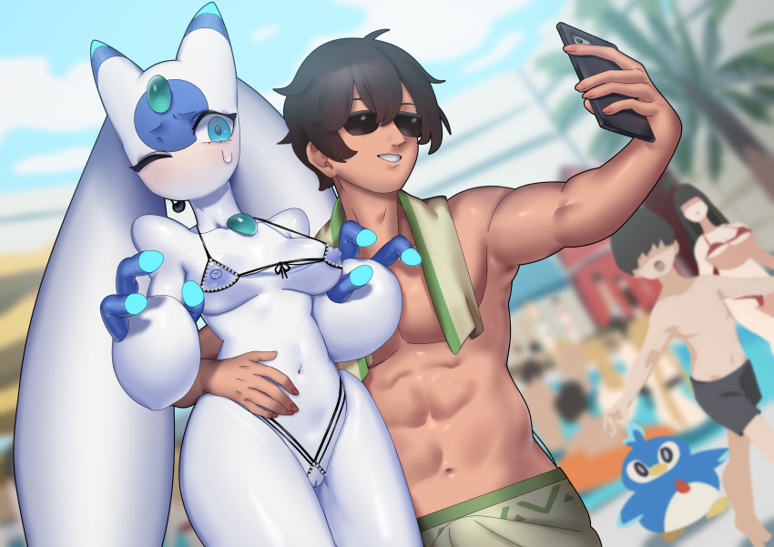 anthro areola artist_request ass beach big_ass big_thighs blue_eyes blush breasts embarrassed female lunaris_(pal) male nipples pal_(species) pal_tamer palworld pengullet phone pocketpair robot robot_girl selfie small_breasts sunglasses sweat sweatdrop tagme taking_picture taking_selfie thick_hips thick_thighs thighs water white_body