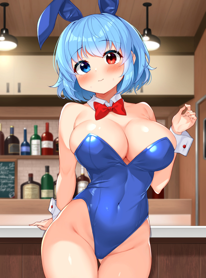 artist_request big_breasts blue_hair bow bunny_ears bunnysuit heterochromia huge_breasts kogasa_tatara light-skinned_female light_skin thick_thighs thighs touhou