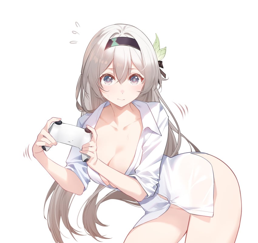 artist_request ass_visible_through_thighs bent_over cleavage closed_mouth collared_shirt embarrassed firefly_(honkai:_star_rail) gaming handheld_game_console honkai:_star_rail large_ass large_breasts looking_back naked_shirt no_panties simple_background suprised suprised_eyes suprised_look sweatdrop tagme_(artist) thick_thighs white_background white_shirt wide_hips