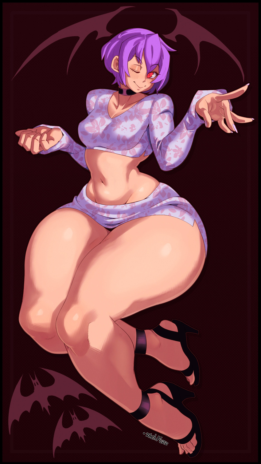 1girls darkstalkers head_wings lilith_aensland looking_at_viewer medium_breasts purple_hair red_eyes short_hair succubus tecfuzz thick_ass thick_legs thick_thighs wide_hips wide_thighs