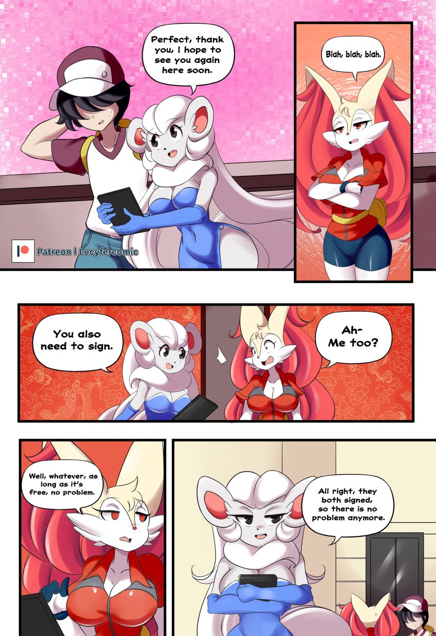 braixen bray_(lucyfercomic) cincci_(lucyfercomic) cinccino cleavage comic female_pokemon furry lucyfercomic no_sex pokemon pokemon_(species) pokemon_trainer signing_contract speech_bubble talking_to_self unamused