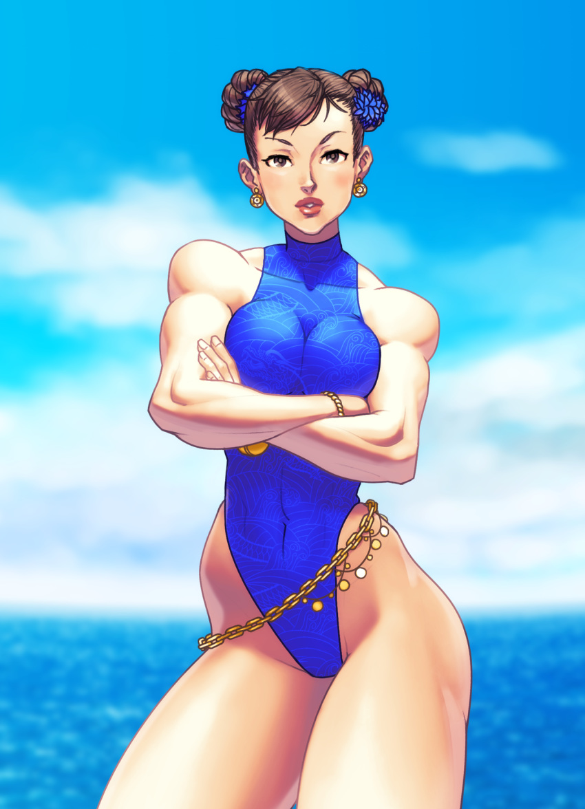 1girls beach belly_chain blue_swimsuit blush bracelet breasts brown_eyes brown_hair capcom chun-li cleavage clothed clothed_female clothes clothing clouds covered_navel crossed_arms double_bun earrings female female_only flower front_view gold_jewelry hair_bun hair_flower highleg highleg_swimsuit human jewelry jiggeh large_breasts lipstick looking_at_viewer one-piece_swimsuit outdoors solo street_fighter street_fighter_v swimsuit