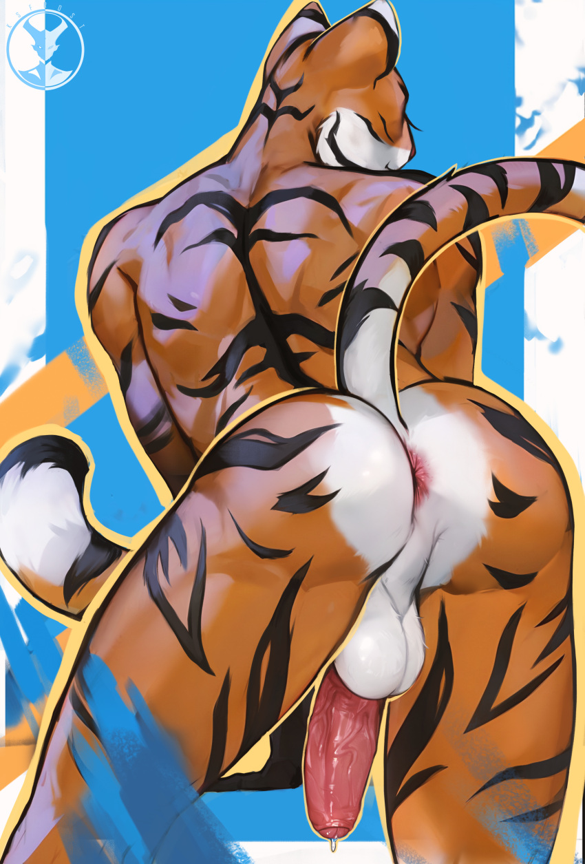 absurd_res anthro anus ass backsack balls biped bodily_fluids felid foreskin fur genital_fluids genitals hi_res humanoid_genitalia humanoid_penis ksfrost male mammal pantherine penis perineum precum rear_view solo striped_body striped_fur stripes tail tiger vein veiny_penis