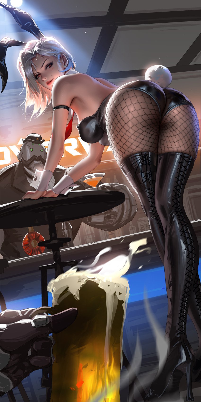 ashe_(overwatch) ass_focus big_ass bob_(overwatch) bunny_ears bunnysuit high_resolution liang_xing mole_above_mouth overwatch overwatch_2 red_eyes robot tagme white_hair