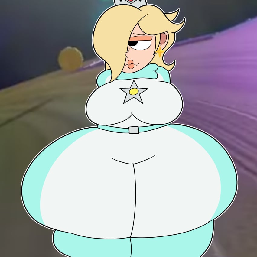 ass_bigger_than_head ass_focus big_breasts bodysuit casual clothed female female_only huge_ass hyper_ass mario_(series) mario_kart nintendo princess_rosalina public teaset_haliley teasing