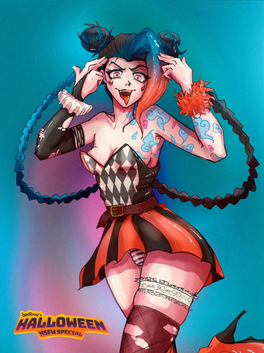 arcane bedbug_(artist) blue_hair cosplay crazy_eyes fingers harlequin harley_quinn jinx_(league_of_legends) league_of_legends long_hair ponytail red_hair short_skirt