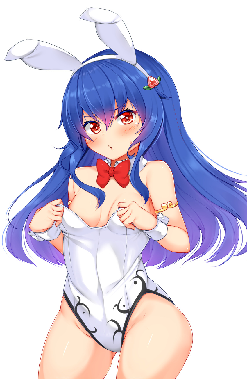 artist_request blue_hair bunny_ears bunnysuit flat_chest light-skinned_female light_skin long_hair looking_at_viewer open_mouth red_eyes small_breasts tenshi_hinanawi thighs touhou wide_hips