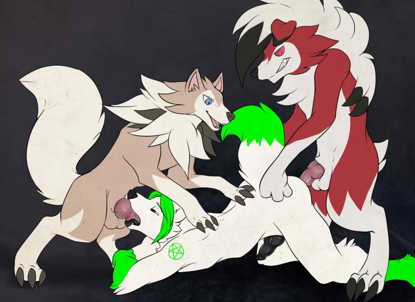 3boys anal anthro anthro_on_anthro anthro_on_feral anthro_only arctic_fox blue_eyes canine demidelerious feral fox fur furry gay green_fur green_hair group group_sex hair interspecies kilø knot lycanroc male male_only mammal midday_lycanroc midnight_lycanroc nintendo oral original_character pentacle pokemon pokemon_sm red_eyes sex spitroast tattoo threesome video_games white_fur yaoi