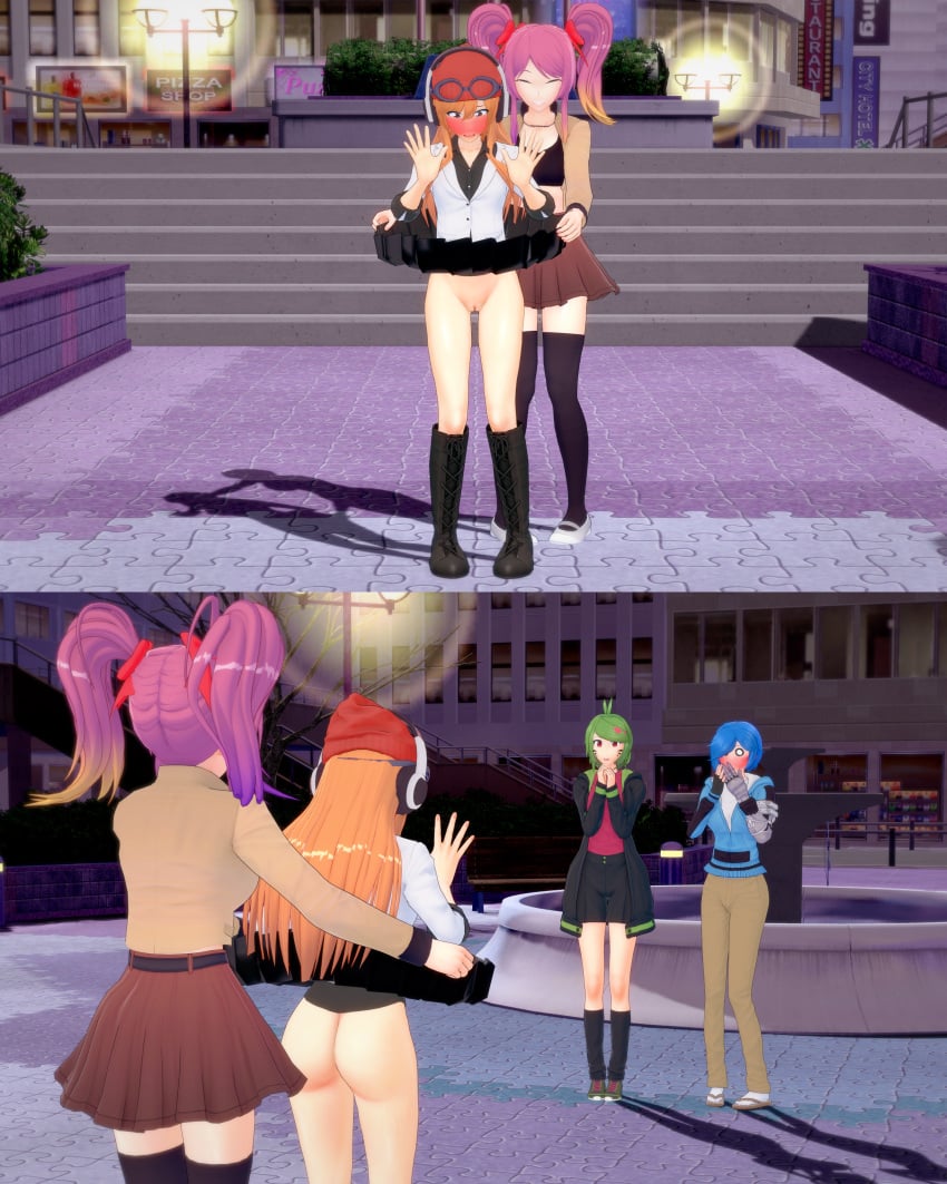 4girls amputated_arm ass beanie blue_hair boots crop_top dress_shirt female female_only green_hair headphones hoodie jacket long_hair meggy_spletzer melony_(smg4) navel no_panties orange_hair pants pink_hair pussy retropunch saiko_bichitaru_(smg4) sandals shoes short_hair skirt skirt_lift smg4 socks socks_and_sandals socks_and_shoes tari_(smg4) thighhighs twintails