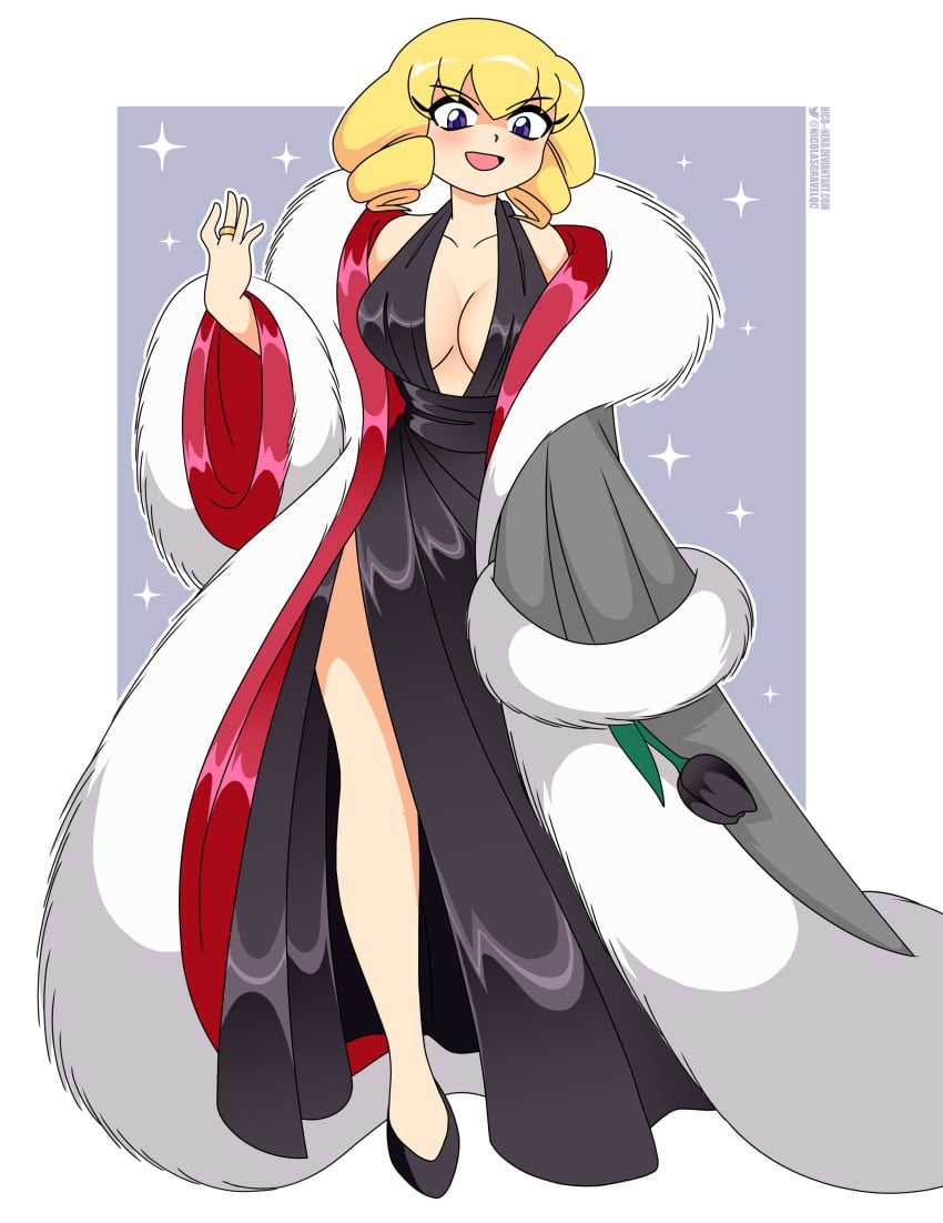 1girls artist_name black_dress blonde_hair breasts cleavage coat domino_(pokemon) dress flower full_body fur_coat heels looking_at_viewer nicolasgravelqc open_mouth pokemon pokemon_(anime) purple_hair robe short_hair solo solo_female solo_focus tulip