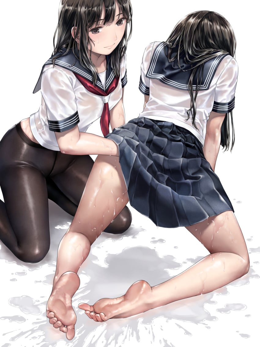 2girls all_fours barefoot black_hair black_pantyhose black_sailor_collar black_skirt brown_eyes commentary_request excessive_pussy_juice full_body highres implied_fingering kneeling kneepits long_hair multiple_girls neckerchief original pantyhose pleated_skirt pussy_juice pussy_juice_puddle red_neckerchief sailor_collar school_uniform serafuku shirt simple_background skirt smile soles takekawa_shin wet wet_clothes white_background white_shirt yuri