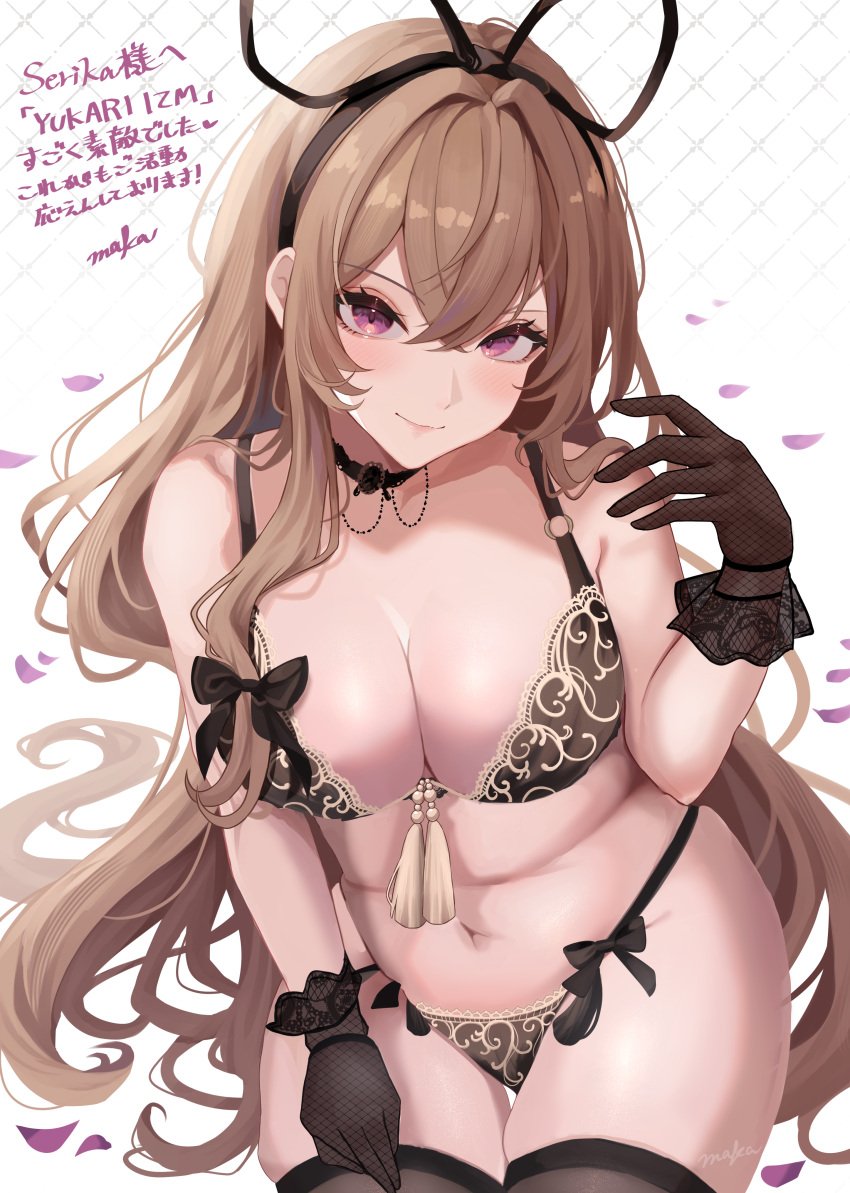 absurdres alternate_costume artist_name black_bow black_bra black_choker black_gloves black_headband black_panties black_thighhighs blonde_hair bow bra breasts choker cleavage collarbone crossed_bangs female fishnet_gloves fishnets gloves headband highres lips long_hair looking_at_viewer maka_(user_rryf2748) mature_female medium_breasts milf navel panties petals petals_on_ground print_bra print_panties purple_eyes simple_background sitting smile solo tassel thick_thighs thighhighs thighs touhou translation_request underwear white_background yakumo_yukari yukari_yakumo