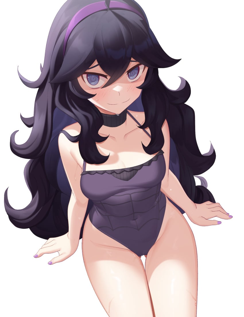 1girls @_@ ahoge arm_support black_choker black_hair blush breasts choker cleavage closed_mouth collarbone creatures_(company) curly_hair female from_above game_freak gazing_eye hair_between_eyes hairband hex_maniac highres long_hair looking_at_viewer medium_breasts nail_polish nintendo one-piece_swimsuit pokemon pokemon_(game) pokemon_xy purple_eyes purple_hair purple_hairband purple_nails purple_one-piece_swimsuit raised_eyebrows simple_background sitting smile solo sweat swimsuit thigh_gap thighs white_background