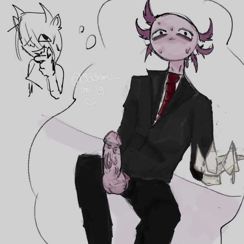 axolotl axolotl_humanoid black_suit dick erection gloves humanoid_genitalia kinito kinitopet male non-human penis pink_skin suit toony