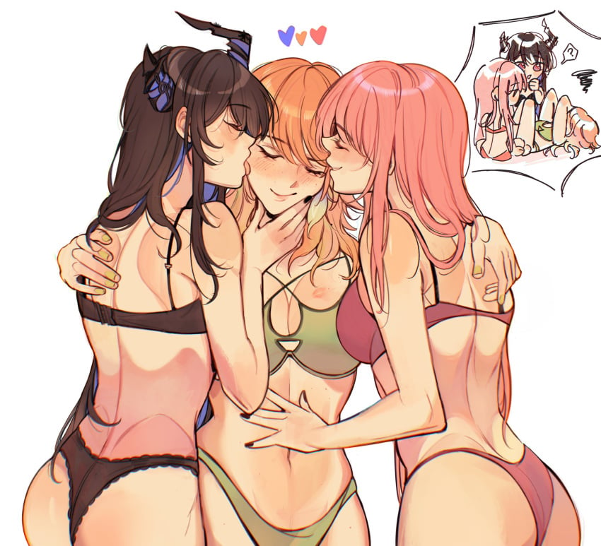 3girls amlichan black_hair embarrassed hands_covering_face heart hololive hololive_english hololive_english_-advent- hololive_myth horn kissing lingerie lingerie_only long_hair mori_calliope nerissa_ravencroft only_female orange_hair partially_clothed pink_hair question_mark takanashi_kiara very_long_hair virtual_youtuber yuri