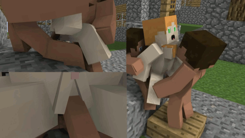 1girls 2boys 3d alex_(minecraft) animated black_hair cubic_breasts gangbang green_eyes herobrine human minecraft red_hair sex shaved_pussy steve_(minecraft) straight