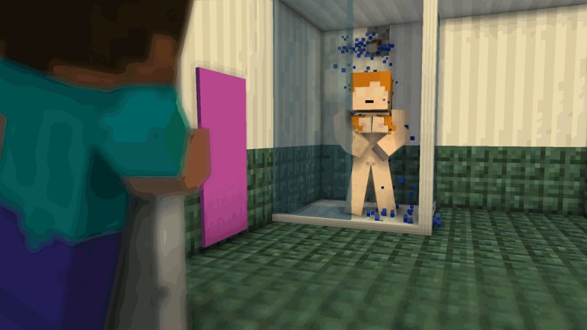 3d alex_(minecraft) animated cubic_breasts herobrine minecraft red_hair shower showering spying towel water