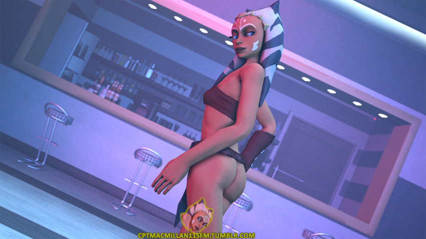 1girls 3d ahsoka_tano alien alien_girl alien_humanoid armwear ass background bar bare_shoulders blue_eyes bottomless bottomless_female clone_wars clothing detailed_background eyelashes eyes facial_markings female female_only horn indoors jedi jedi_padawan lips loincloth long_eyelashes looking_back macmillan11 markings open_eyes orange_hair orange_skin partially_clothed red_clothing shirt side_view signature sleeveless small_ass solo source_filmmaker standing star_wars tentacle tentacle_hair the_clone_wars:_season_one togruta tubetop tumblr vambraces white_markings young