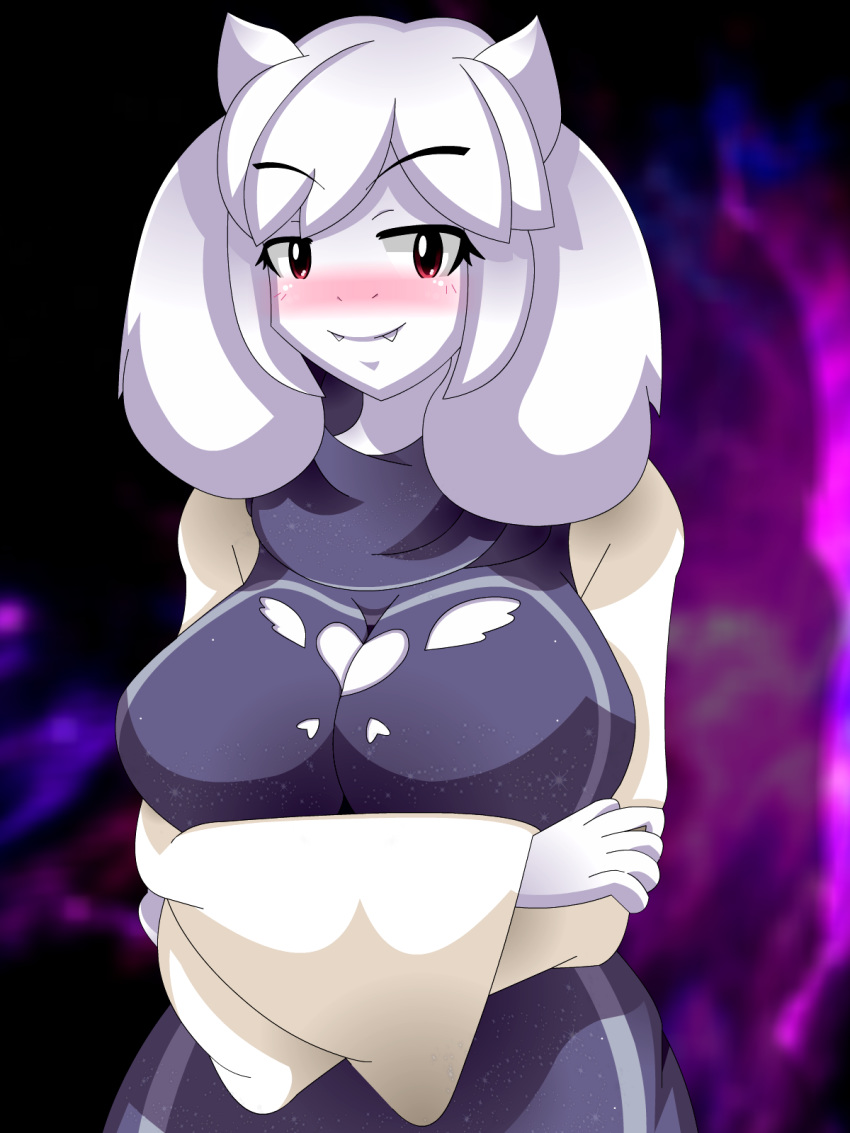 arms_under_breasts big_breasts blush breast clothed female female_only goat large_breasts looking_at_viewer mairusu-paua milf red_eyes smile solo solo_female toriel undertale