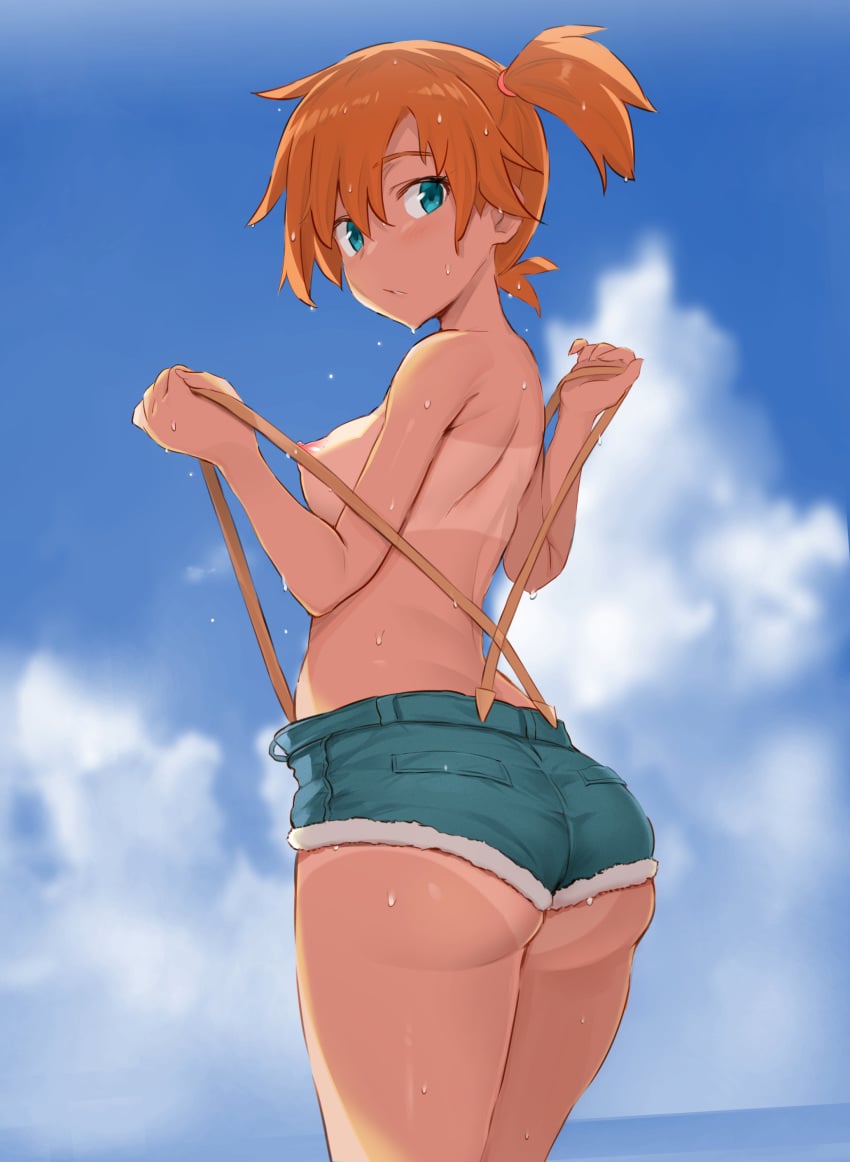 1girls absurdres alternate_breast_size ass back bangs bikini_tan blue_eyes blue_sky breasts bubble_butt cloud convenient_censoring cowboy_shot cutoffs dat_ass day denim denim_shorts enty_reward female female_only from_behind hair_tie highres human human_only kasumi_(pokemon) looking_back medium_breasts noripachi one_side_up orange_hair outdoors paid_reward parted_lips pokemon pokemon_(anime) pulled_by_self short_hair short_shorts shorts sideboob sky solo standing suspenders_pull sweat tan tanline tareme thighs topless w_arms wet wet_hair