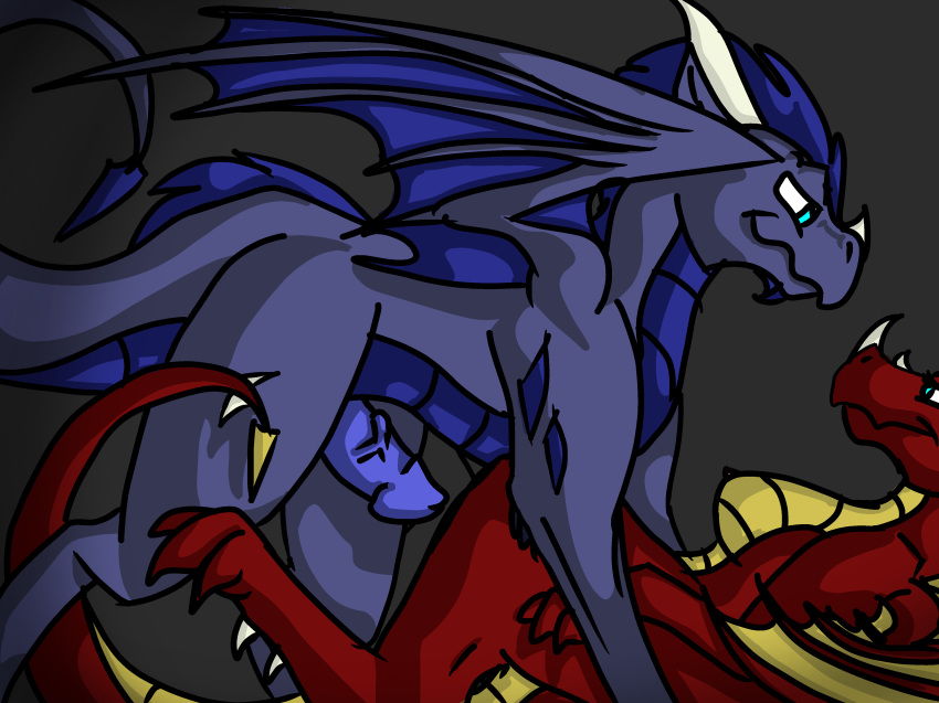 anthro blue_eyes blue_grey_scales blue_scales breasts cel_shading dragon feral fin fur horn lovecatsanddragons mane membranous_wings penis rawrdragons red_scale scales simple_background spikes spread_legs spreading vein wings yellow_scales